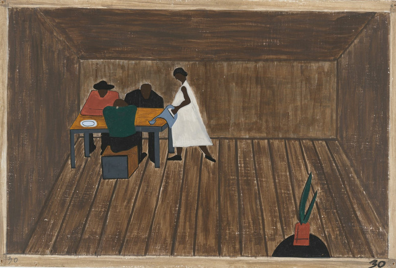 Jacob Lawrence. In every home people who had not gone North met and tried to decide if they should go North or not. 1940–41. Casein tempera on hardboard. Gift of Mrs. David M. Levy. © 2021 Jacob Lawrence/Artists Rights Society (ARS), New York