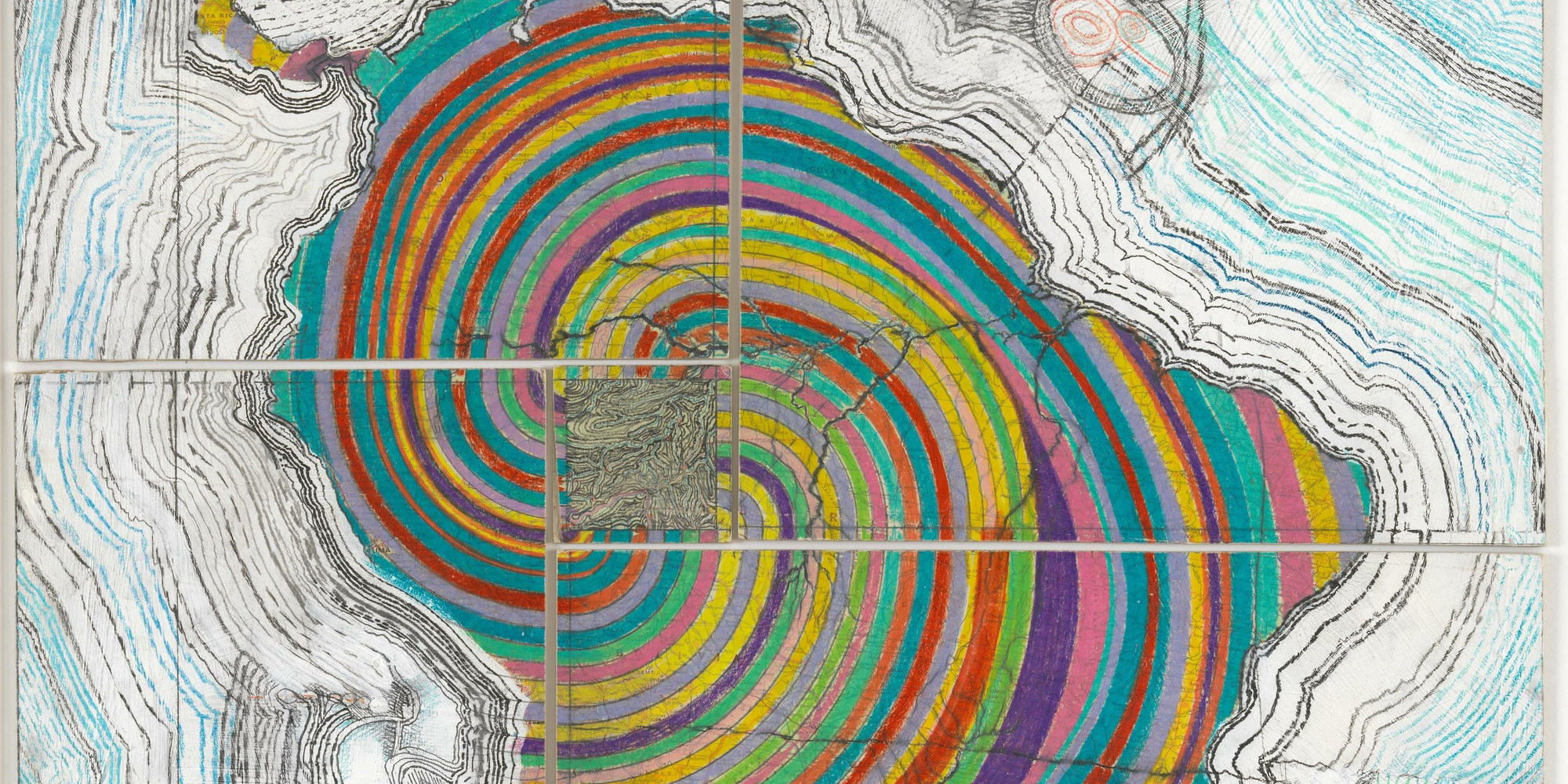 Juan Downey. Mapa de América. 1975. Lápiz de color, lápiz y acrílico sobre mapa en tabla. Adquirido con fondos proporcionados por el Latin American and Caribbean Fund y Donald B. Marron. © 2021 Juan Downey/Artists Rights Society (ARS), New York