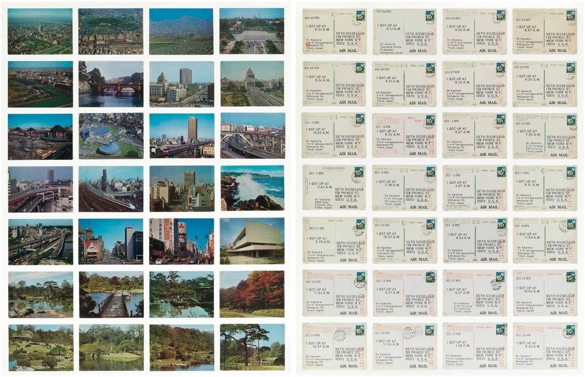 Recto and verso of works in On Kawara's I Got Up..., 1970