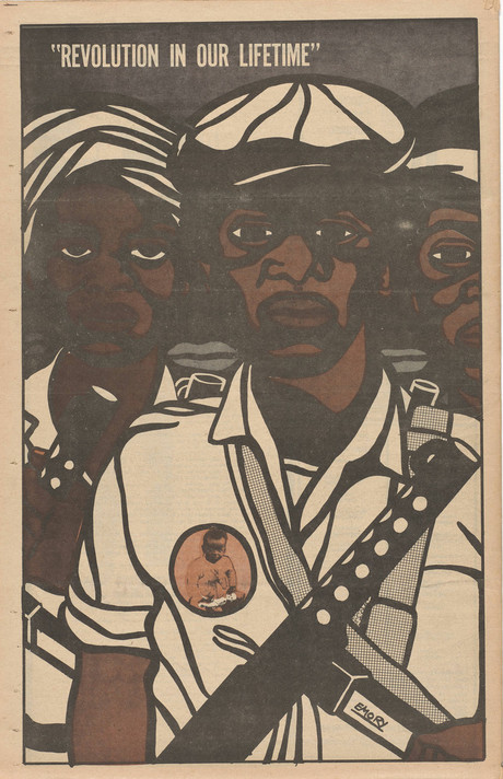 Emory Douglas. Back cover of The Black Panther Newspaper, vol. 3, no. 29 (An unarmed people are slaves or subjected to slavery at any given time). 1969