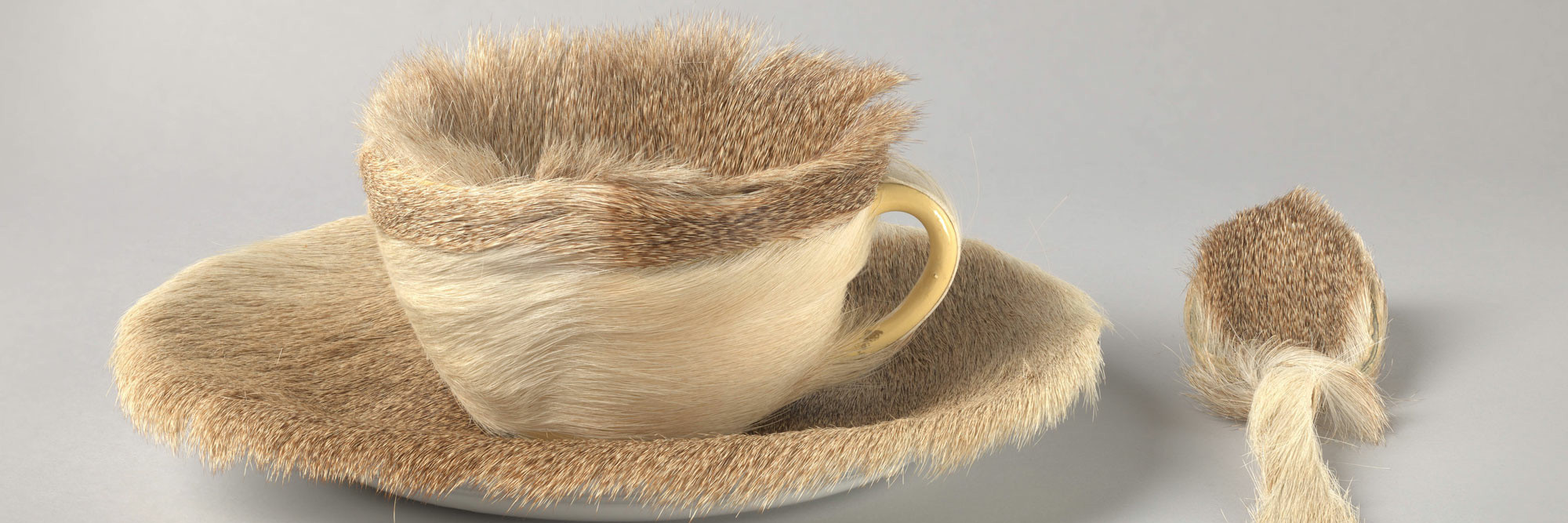 Meret Oppenheim. Object. 1936. Fur-covered cup, saucer, and spoon; cup 4 3/8&#34; (10.9 cm) in diameter; saucer 9 3/8&#34; (23.7 cm) in diameter; spoon 8&#34; (20.2 cm) long, overall height 2 7/8&#34; (7.3 cm). Purchase. © 2021 Artists Rights Society (ARS), New York/Pro Litteris, Zurich