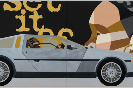 Derrick Adams. Joyride 2. 2021. Acrylic paint on wood panel, 59 5/8 × 119 3/8 × 2&#34; (151.5 × 303.2 × 5.1 cm). Courtesy of the artist and Salon 94, New York