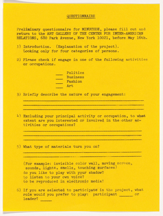 Marta Minujín. Questionnaire from MINUCODE. 1968.