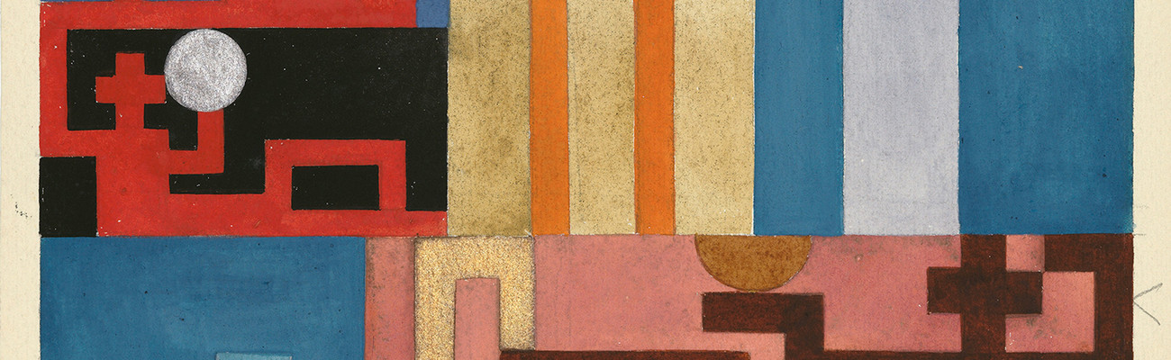 Sophie Taeuber-Arp. Five Extended Figures. 1926. Gouache, metallic paint, and pencil on paper. 11 1/2 × 9 1/16″ (29.2 × 23 cm). Stiftung Arp e.V., Berlin. Photo Alex Delfanne