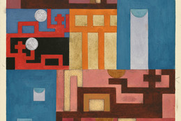 Sophie Taeuber-Arp. Five Extended Figures. 1926. Gouache, metallic paint, and pencil on paper. 11 1/2 × 9 1/16″ (29.2 × 23 cm). Stiftung Arp e.V., Berlin. Photo Alex Delfanne