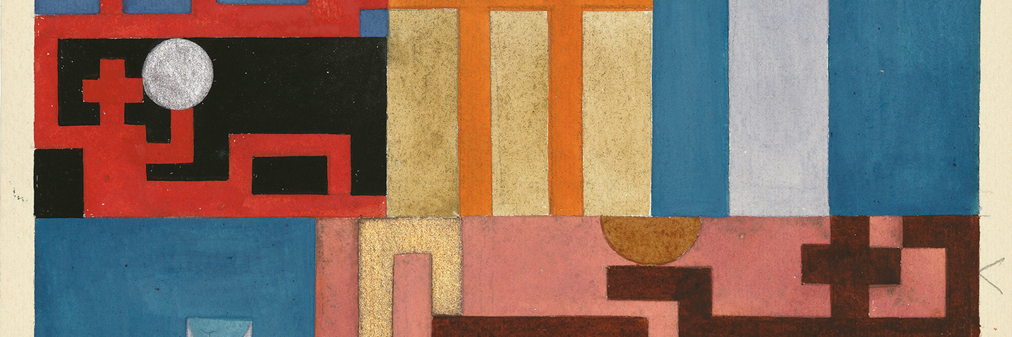 Sophie Taeuber-Arp. Five Extended Figures. 1926. Gouache, metallic paint, and pencil on paper. 11 1/2 × 9 1/16″ (29.2 × 23 cm). Stiftung Arp e.V., Berlin. Photo Alex Delfanne