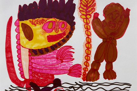 Elvin Flores. Robin and Batman. 2020. Marker on paper. 9 x 12&#34; (22.86 x 30.48 cm). Courtesy of the artist. A colorful drawing on white paper of two figures standing on a black wavy ground between a long yellow and red leafed plant that divides the page. The larger figure on the left has hot pink eyes and a gaping red smile, pointy ears, purple spiked hair, and an upright red tail with pink scales going up its back. It reaches toward the smaller figure on the right with its pink and red clawed arms. The figure on the right, outlined in red and filled in with a mustardy brown, has its hands up and a surprised expression.
