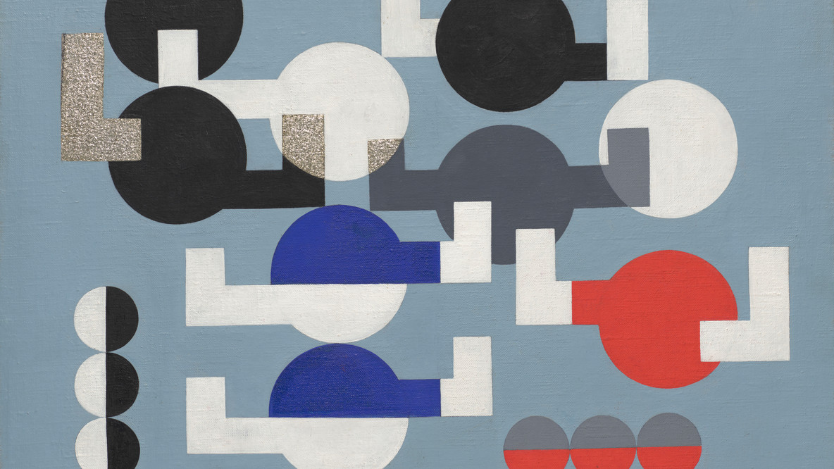 Sophie Taeuber-Arp. Composition. Oil and metallic flakes on canvas, 19 1/2 × 25 1/4&#34; (49.5 × 64.1 cm). The Riklis Collection of McCrory Corporation. © 2020 Artists Rights Society (ARS), New York/VG Bild-Kunst, Bonn. Photo: Robert Gerhardt. Digital Image © 2022 The Museum of Modern Art, New York
