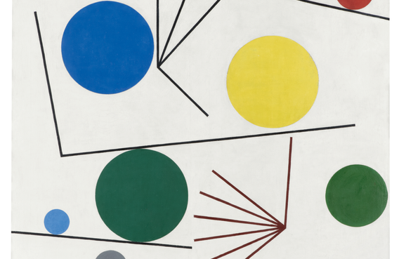 Sophie Taeuber-Arp. Circle and Bars. 1934. Oil and pencil on canvas. 25 3/16 x 29 1/8” (64 x 74 cm). Aargauer Kunsthaus Aarau, Switzerland. Anonymous gift. Courtesy Aargauer Kunsthaus Aarau, photo Brigitt Lattmann