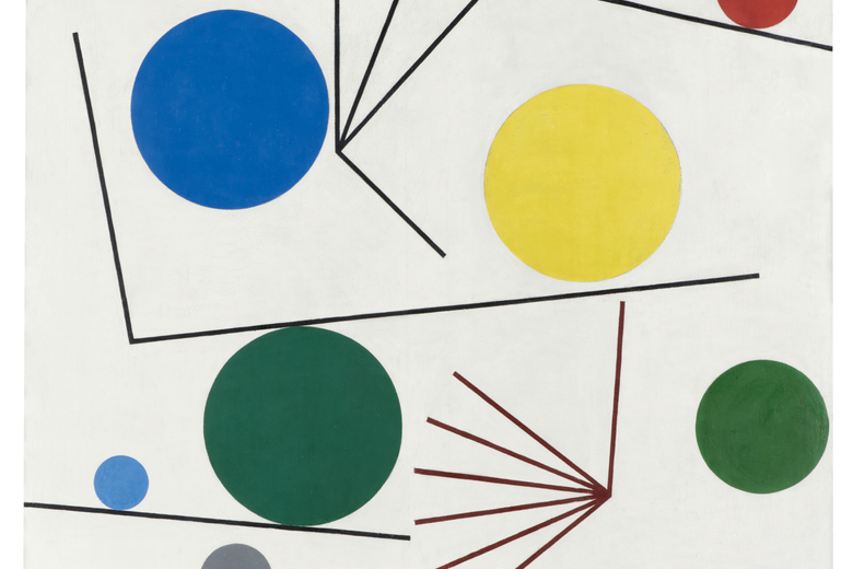 Sophie Taeuber-Arp. Circle and Bars. 1934. Oil and pencil on canvas. 25 3/16 x 29 1/8” (64 x 74 cm). Aargauer Kunsthaus Aarau, Switzerland. Anonymous gift. Courtesy Aargauer Kunsthaus Aarau, photo Brigitt Lattmann