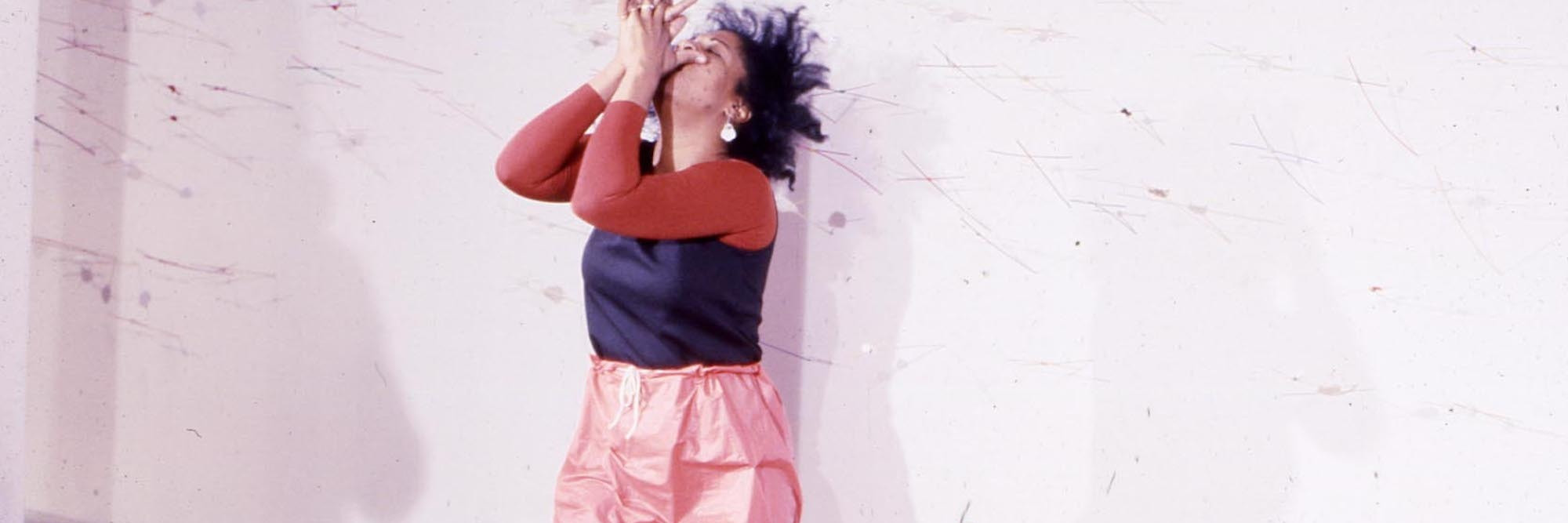 Senga Nengudi performing Air Propo at Just Above Midtown, 1981. Courtesy Senga Nengudi