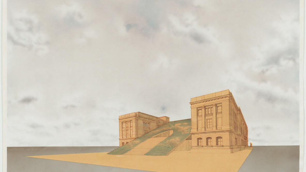 Emilio Ambasz. Grand Rapids Art Museum, project Grand Rapids, Michigan Perspective. 1975. Cut-and-pasted sepia diazotype with color crayon on paper and airbrush, 30 x 40&#34; (76.2 x 101.6 cm). Gift of The Howard Gilman Foundation