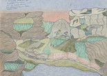 Joseph E. Yoakum. Mt Elk in Rainy Mtn Range near Lawton Oklahoma. 1968. Blue and black fountain pen, purple ballpoint pen, colored pencil, and pastel on paper. Collection of Gladys Nilsson and Jim Nutt