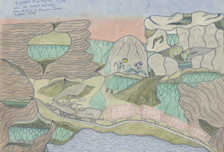 Joseph E. Yoakum. Mt Elk in Rainy Mtn Range near Lawton Oklahoma. 1968. Blue and black fountain pen, purple ballpoint pen, colored pencil, and pastel on paper. Collection of Gladys Nilsson and Jim Nutt
