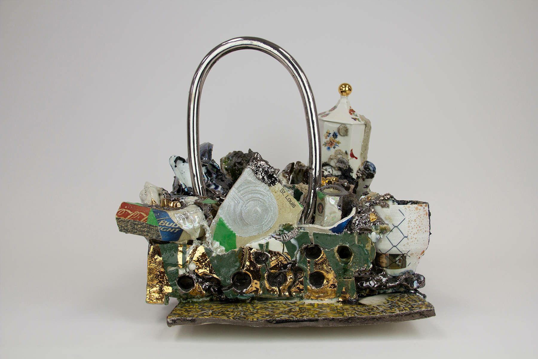 Kahlil Robert Irving. *Digital print on adhesive fabric, 27 x 27″ (68.58 x 68.58 cm). Courtesy the artist*. 2018. Glazed and unglazed ceramic, luster, found and personally constructed decals, 16 x 16.5 x 15" (40.6 x 41.9 x 38.1 cm). Collection the artist