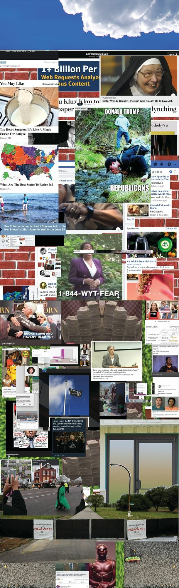 Kahlil Robert Irving. *GroundMIXER_Todaysterritory(We”ARE”trying_RIP)TOWER*. 2021. Digital print on adhesive fabric, 288 x 96" (731.5 × 243.8 cm). Courtesy the artist