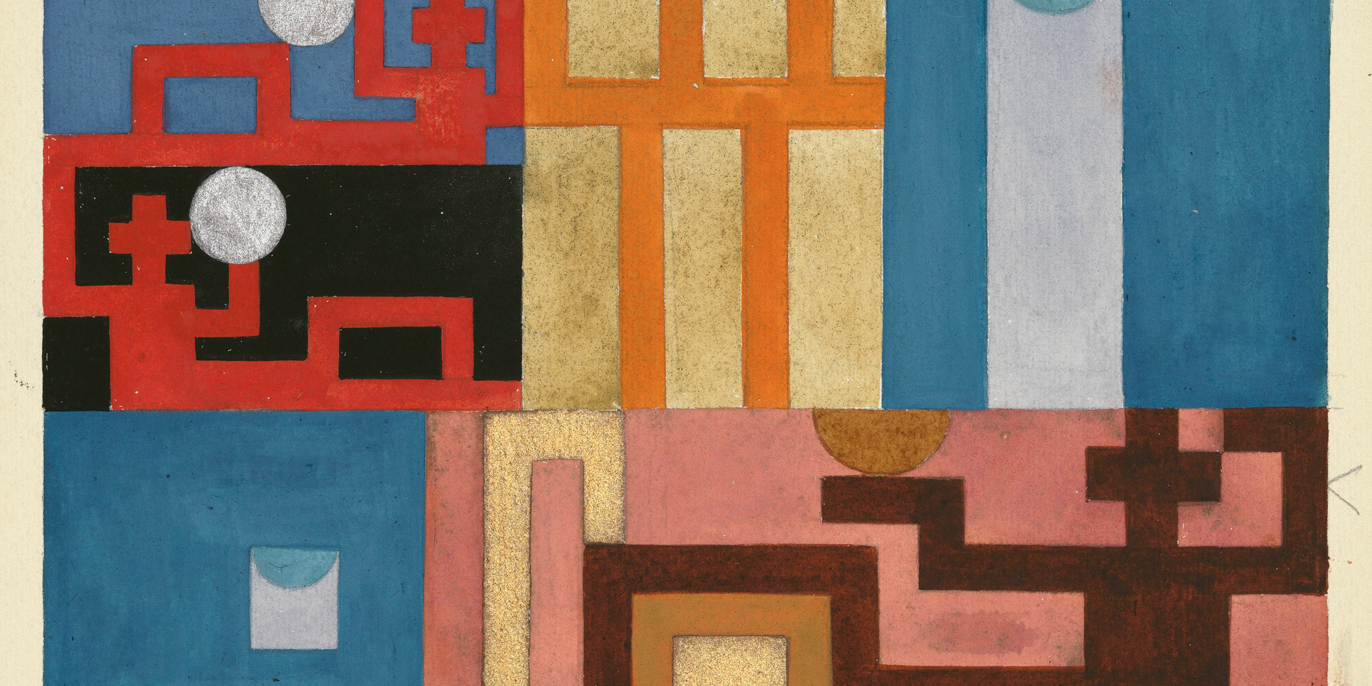 Sophie Taeuber-Arp. Five Extended Figures. 1926. Gouache, metallic paint, and pencil on paper, 11 1/2 × 9 1/16" (29.2 × 23 cm). Stiftung Arp e.V., Berlin. Photo Alex Delfanne