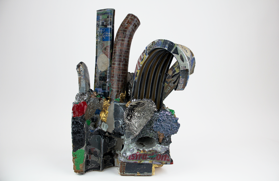 Kahlil Robert Irving. Construct-ING(MASS_withedges&amp;Chimney) ManyMEEN’INGS+/Remnants=Black. 2021. Glazed and unglazed ceramic, luster, found and personally constructed decals, 22 x 17.5 x 15&#34; (55.9 × 44.5 × 38.1 cm). Collection the artist