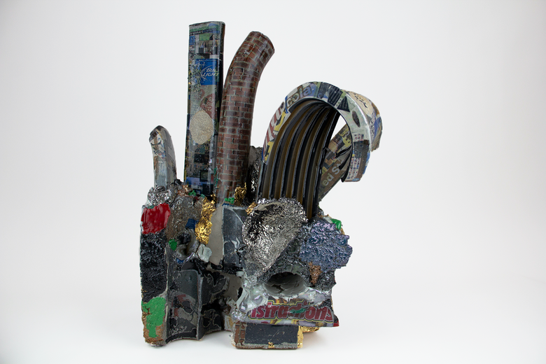 Kahlil Robert Irving. Construct-ING(MASS_withedges&Chimney) ManyMEEN’INGS+/Remnants=Black. 2021. Glazed and unglazed ceramic, luster, found and personally constructed decals, 22 x 17.5 x 15" (55.9 × 44.5 × 38.1 cm). Collection the artist