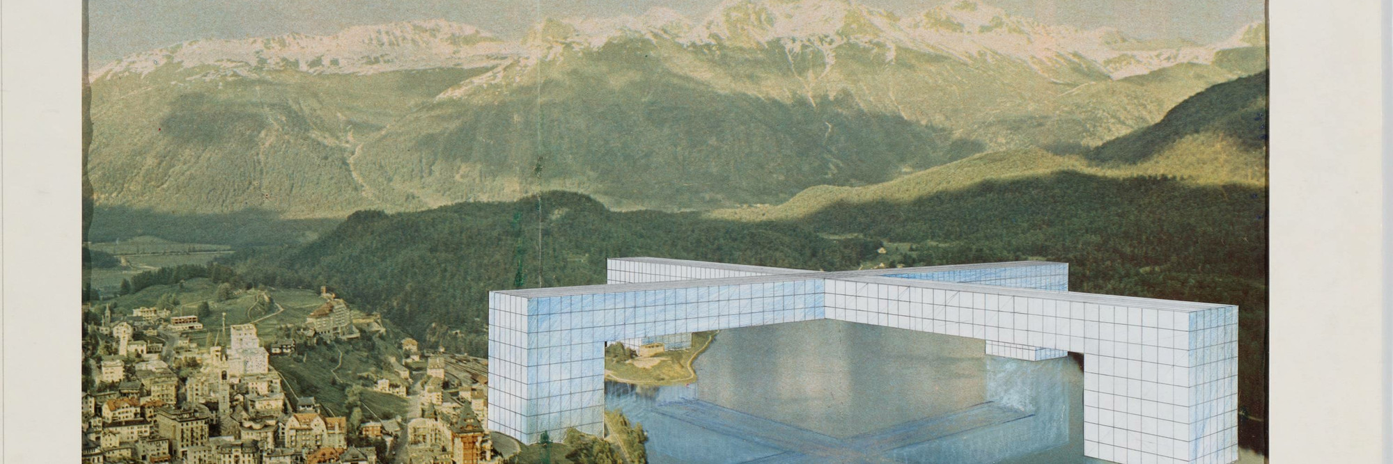 Superstudio. The Continuous Monument: St. Moritz Revisited, project. 1969. Cut-and-pasted printed paper, colored pencil, and oil stick on board. Gift of The Howard Gilman Foundation