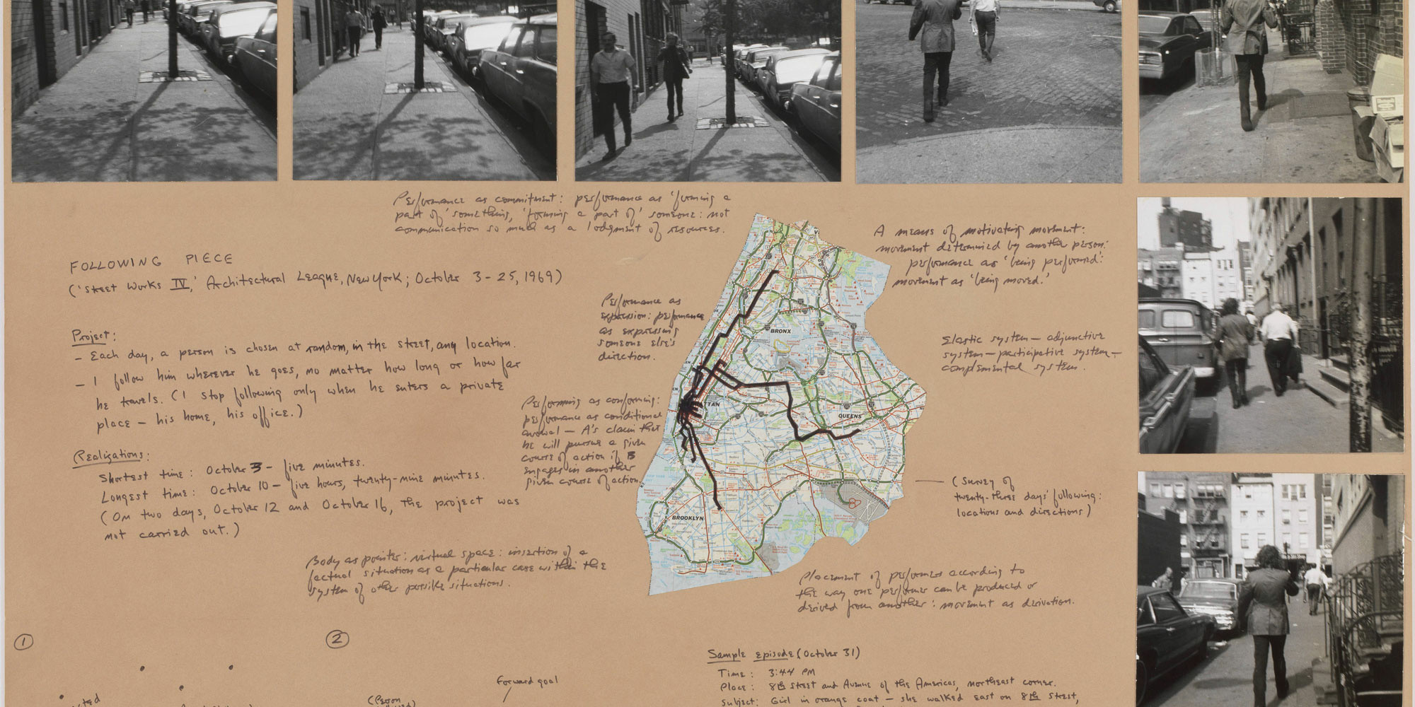 Vito Acconci. Following Piece. 1969. Gelatin silver prints, felt-tip pen, and map on board, frame: 33 15/16 × 43 11/16 × 1 1/4&#34; (86.2 × 111 × 3.1 cm) Image: 29 15/16 × 40 3/16&#34; (76 × 102 cm). The Museum of Modern Art, New York. Partial gift of the Daled Collection and partial purchase through the generosity of Maja Oeri and Hans Bodenmann, Sue and Edgar Wachenheim III, Agnes Gund, Marlene Hess and James D. Zirin, Marie- Josée and Henry R. Kravis, and Jerry I. Speyer and Katherine G. Farley. © 2021 Vito Acconci