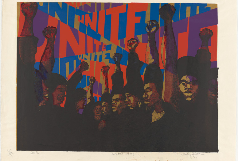 Barbara Jones-Hogu. Unite. 1969. Screenprint. Barbara Jones-Hogu, Chicago. 10 printed in 1969 before the edition of 100 (published in 1971). The Deborah Wye Endowment Fund. ©️ Barbara Jones-Hogu. Courtesy of the Estate of Barbara Jones-Hogu.