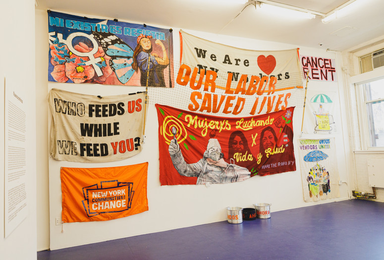 Installation of Homeroom activation Nuevayorkinos: Essential and Excluded. Image courtesy MoMA PS1. Photo: Noel Woodford