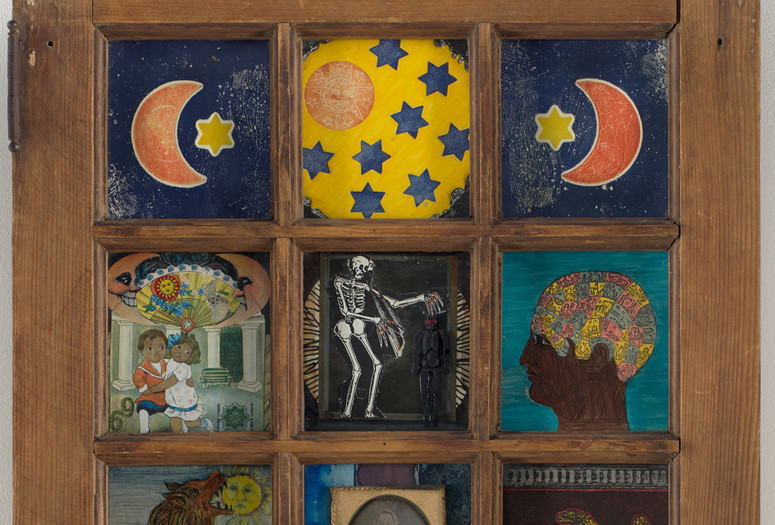 Betye Saar. Black Girl’s Window. 1969. Wooden window frame with paint, cut-and-pasted printed and painted papers, daguerreotype, lenticular print, and plastic figurine. Gift of Candace King Weir through The Modern Women’s Fund, and Committee on Painting and Sculpture Funds