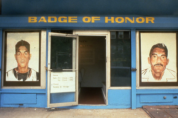 Original Badge of Honor storefront facade in Newark, New Jersey, 1995, with portraits painted by Manuel Acevedo.