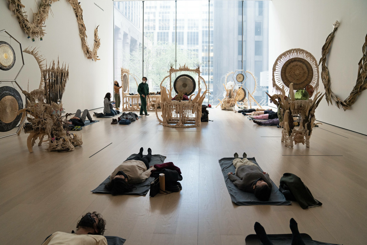 Guadalupe Maravilla, Hillary Ramos, and Sam Xu performing healing sound baths as part of Guadalupe Maravilla: Luz y fuerza, November 3, 2021