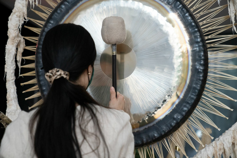Guadalupe Maravilla: Luz y fuerza Healing Sound Baths, performed on November 3, 2021, as part of the gallery Guadalupe Maravilla: Luz y Fuerza in the exhibition Collection 1970s–present, October 30, 2021 - October 30, 2022. Performers: Guadalupe Maravilla, Hilary Ramos, and Sam Xu. Digital image © 2022 The Museum of Modern Art, New York. Photo: Julieta Cervantes