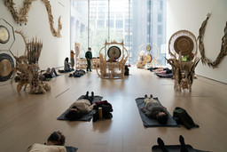 Guadalupe Maravilla: Luz y fuerza Healing Sound Baths, performed on November 3, 2021, as part of the gallery Guadalupe Maravilla: Luz y Fuerza in the exhibition Collection 1970s–present, October 30, 2021 - October 30, 2022. Performers: Guadalupe Maravilla, Hilary Ramos, and Sam Xu. Digital image © 2022 The Museum of Modern Art, New York. Photo: Julieta Cervantes