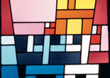 Sophie Taeuber-Arp. Off-Center Abstract Composition (stained-glass window for the apartment of André Horn, Strasbourg, France). 1928. Stained glass. 18 1/8 × 17 5/16″ (46 × 44 cm). Musée d’Art Moderne et Contemporain de Strasbourg, France. Photo Musées de Strasbourg