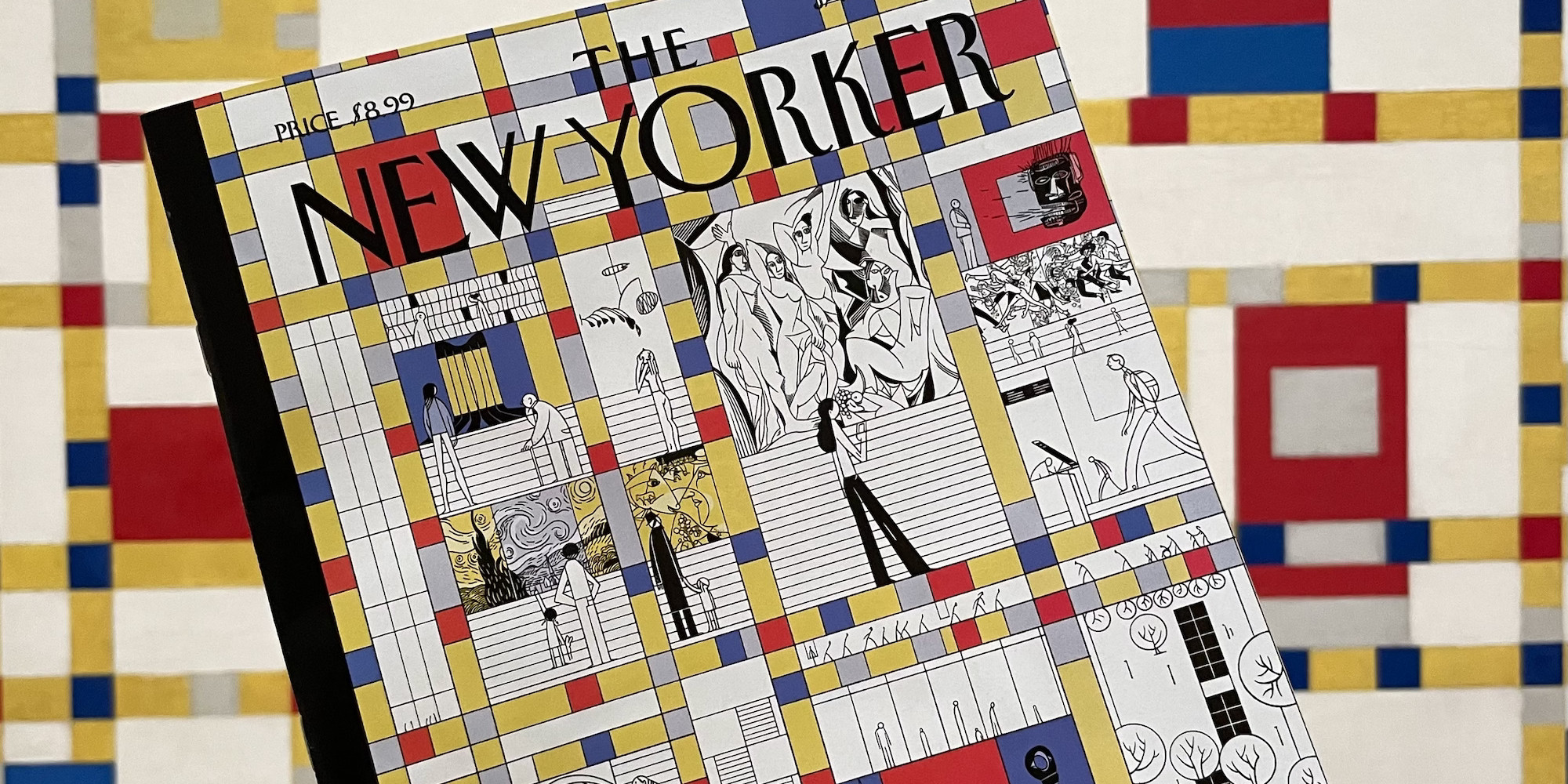 The January 31, 2022, issue of The New Yorker in front of Piet Mondrian’s Broadway Boogie Woogie at The Museum of Modern Art