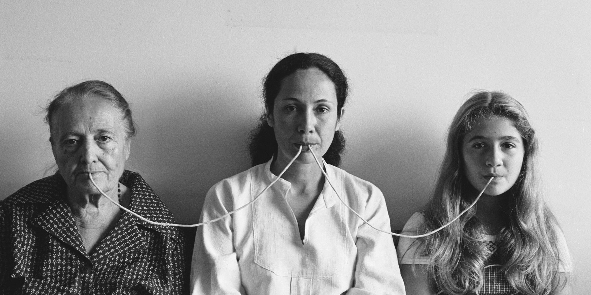Anna Maria Maiolino. Por um fio (By a Thread), from the series Fotopoemação (Photopoemaction). 1976/2017. Black-and-white analog photograph, 17 3/8 × 25 5/8&#34; (44 × 65 cm). Courtesy the artist and Hauser &amp; Wirth. © Anna Maria Maiolino