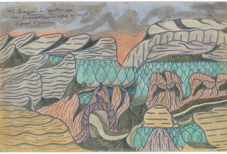 Joseph E. Yoakum. Mt Grazian in Maritime Alps near Emonaco Tunnel France and Italy by Tunnel. c. mid-1960s (stamped 1958). Black ballpoint pen, blue felt‑tip pen, and colored pencil on paper. Gift of the Raymond K. Yoshida Living Trust and Kohler Foundation, Inc. © 2022 Joseph E. Yoakum