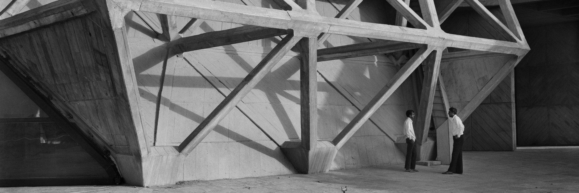 Hall of Nations, Pragati Maidan, New Delhi, India. 1970–72. Demolished 2017. Architect: Raj Rewal (b. 1934). Engineer: Mahendra Raj (b. 1924). Detail view. 1974. Photograph: Madan Mahatta
