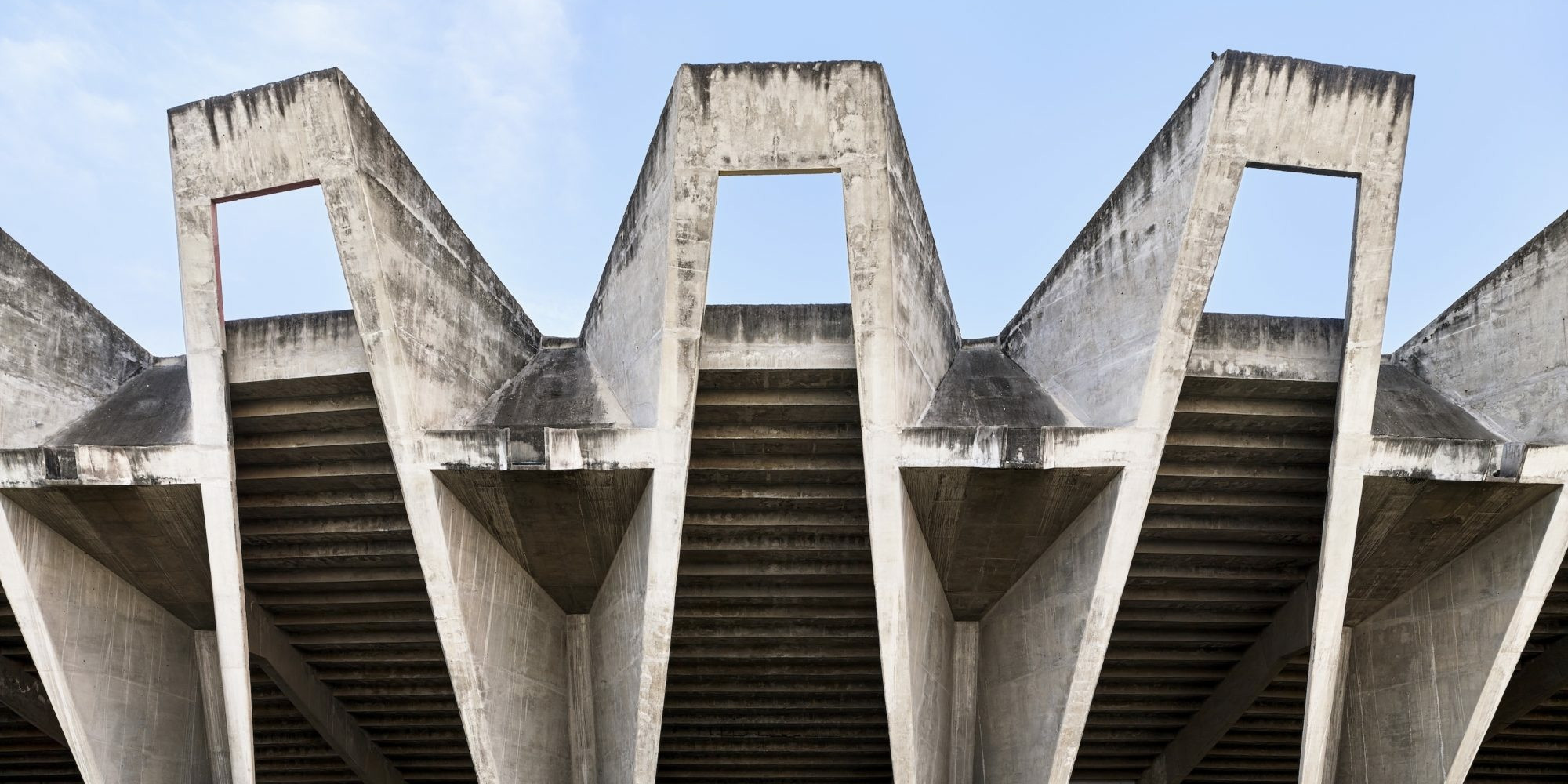 Charles Correa. Sardar Vallabhbhai Patel Municipal Stadium, Ahmedabad, India. 1959–66. Engineer: Mahendra Raj. Exterior view. Photograph: Randhir Singh