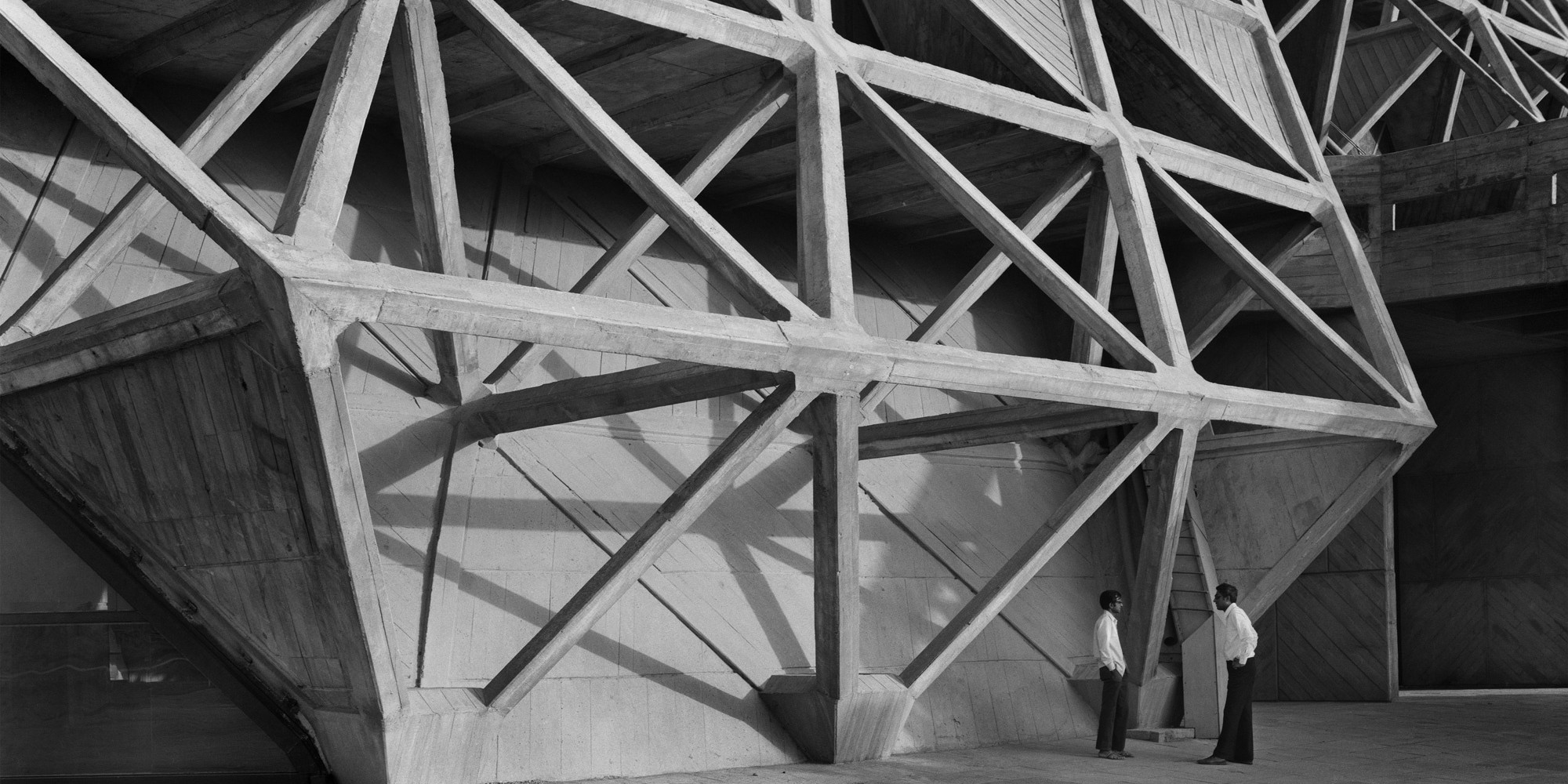 Raj Rewal, Mahendra Raj. Hall of Nations, Pragati Maidan, New Delhi, India. 1970–72. Demolished 2017. Detail view. 1974. Photograph: Madan Mahatta