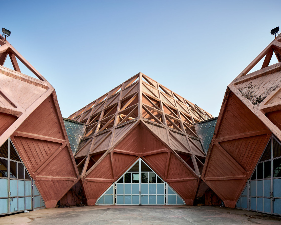 Raj Rewal, Mahendra Raj. Hall of Nations, Pragati Maidan, New Delhi, India. 1970–72. Demolished 2017. Exterior view. 2015
