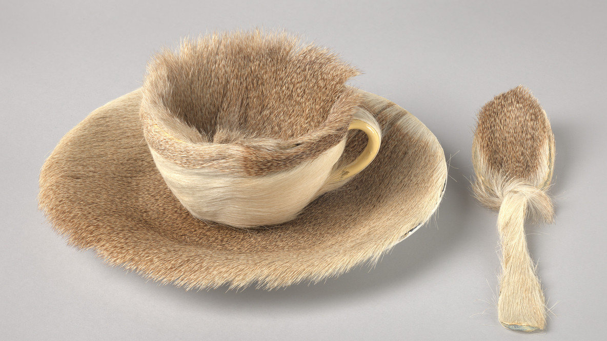 Meret Oppenheim. Object. 1936. Fur-covered cup, saucer, and spoon, cup 4 3/8&#34; (10.9 cm) in diameter; saucer 9 3/8&#34; (23.7 cm) in diameter; spoon 8&#34; (20.2 cm) long, overall height 2 7/8&#34; (7.3 cm). Purchase. © 2022 Artists Rights Society (ARS), New York/Pro Litteris, Zurich