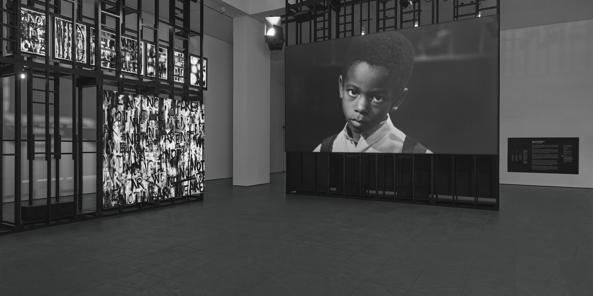 Installation view of the exhibition Adam Pendleton: Who Is Queen?, The Museum of Modern Art, New York, September 18, 2021–February 21, 2022. Photo: Andy Romer Digital Image © 2022 The Museum of Modern Art, New York