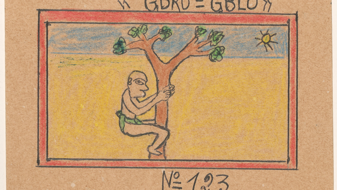 Frédéric Bruly Bouabré. GBRO=GBLO N° 123 from Alphabet Bété. 1991. Colored pencil, pencil, and ballpoint pen on board, 3 7/8 × 5 7/8&#34; (9.8 × 14.9 cm). CAAC - The Pigozzi Collection. Gift of Jean Pigozzi. Photo: Robert Gerhardt. Digital Image © 2022 The Museum of Modern Art, New York