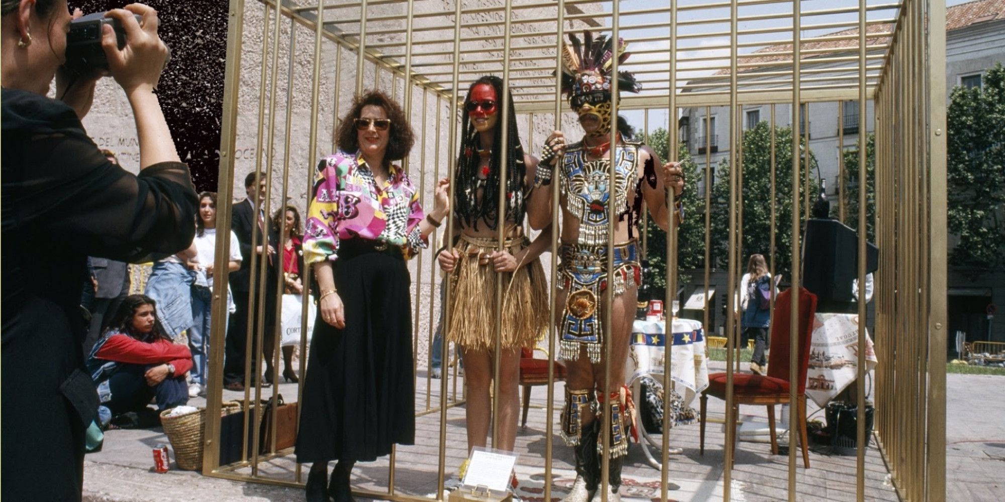 Coco Fusco, Paula Heredia. The Couple in the Cage: Guatinaui Odyssey. 1993. Standard-definition video (black and white and color, sound), 31 min. The Museum of Modern Art, New York. Gift of Mario Cader-Frech through the Latin American and Caribbean Fund. © 2022 Coco Fusco and Paula Heredia. Courtesy Video Data Bank, School of the Art Institute of Chicago