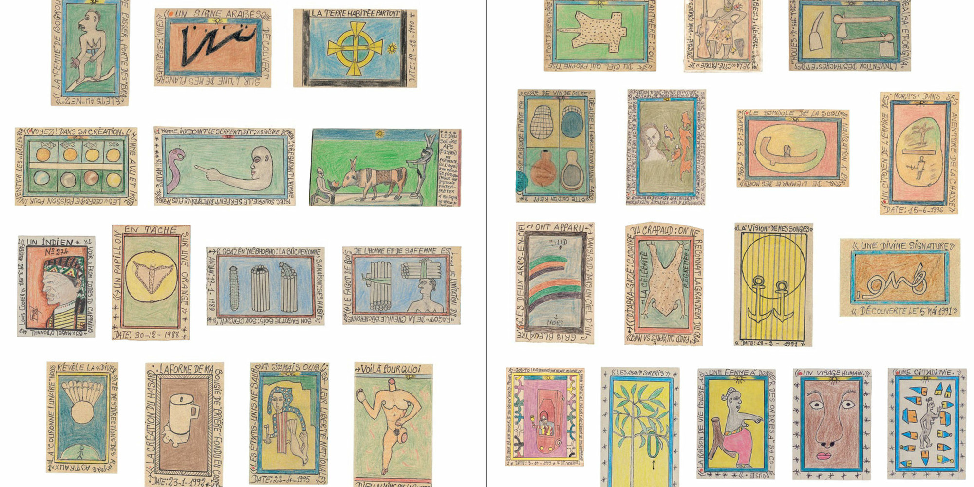 Frédéric Bruly Bouabré. Connaissance du monde (Knowledge of the World). 1987–2008. Thirty drawings. Colored pencil, pencil, and ballpoint pen on board, ranging in size from 5 7/8 × 3 15/16" (15 × 10 cm) to 11 7/8 × 9 1/2" (30.1 × 24.2 cm). The Museum of Modern Art, New York. The Jean Pigozzi Collection of African Art. © 2022 Family of Frédéric Bruly Bouabré