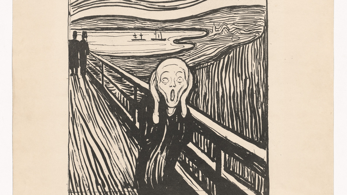 Edvard Munch. The Scream. 1895; signed 1896. Lithograph, composition: 13 15/16 × 10&#34; (35.4 × 25.4 cm); sheet: 20 11/16 × 15 7/8&#34; (52.5 × 40.3 cm). Matthew T. Mellon Fund