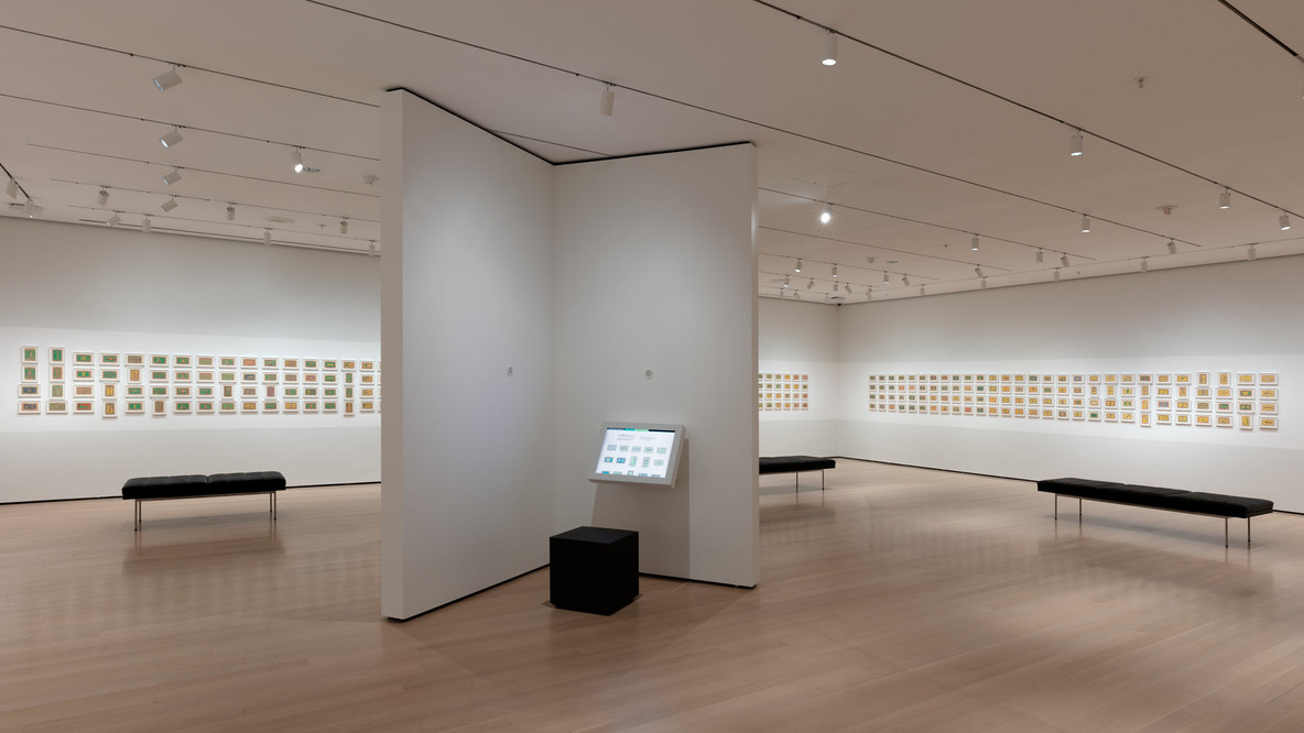 A view of Frédéric Bruly Bouabré: World Unbound, with the Digital Bété kiosk at center