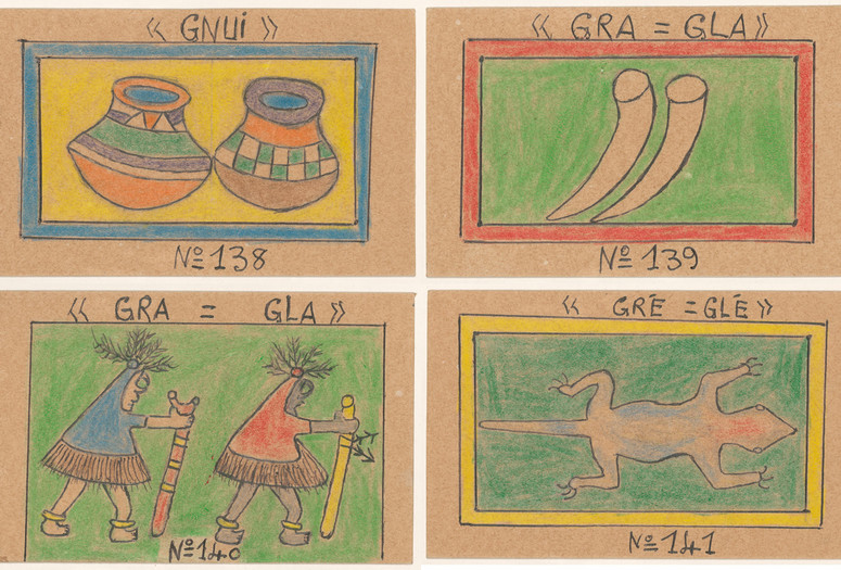 Frédéric Bruly Bouabré, Alphabet Bété. 1990–91. Four of 449 drawings. Colored pencil, pencil, and ballpoint pen on board, each: 3 7/8 × 5 7/8" (9.8 × 14.9 cm). The Museum of Modern Art, New York. The Jean Pigozzi Collection of African Art. ©️ 2022 Family of Frédéric Bruly Bouabré
