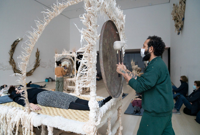 Image of Guadalupe Maravilla Sound Bath performance. 2021 at The Museum of Modern Art, New York. Digital Image © 2021 The Museum of Modern Art, New York. Photo by Julieta Cervantes.