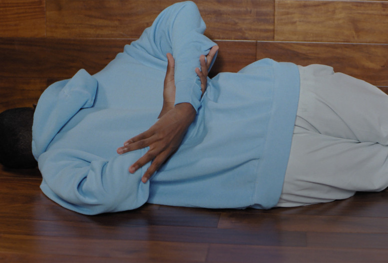 Tyler Mitchell, Untitled (Powder Blue 2017 Hoodie), 2019. Archival pigment print, 40 3/8 × 50" (12.7 × 127 cm). Courtesy the artist